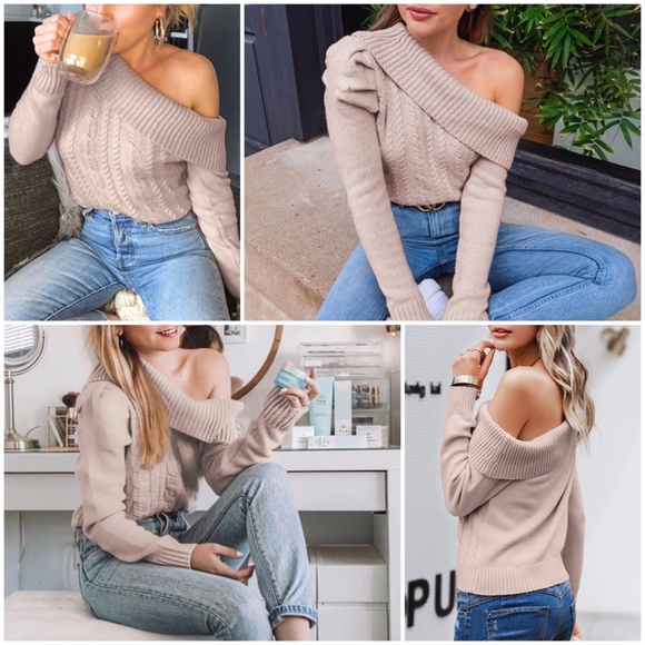 One Shoulder Cable Knit Nude Pink Sweater - Picture 2 of 11